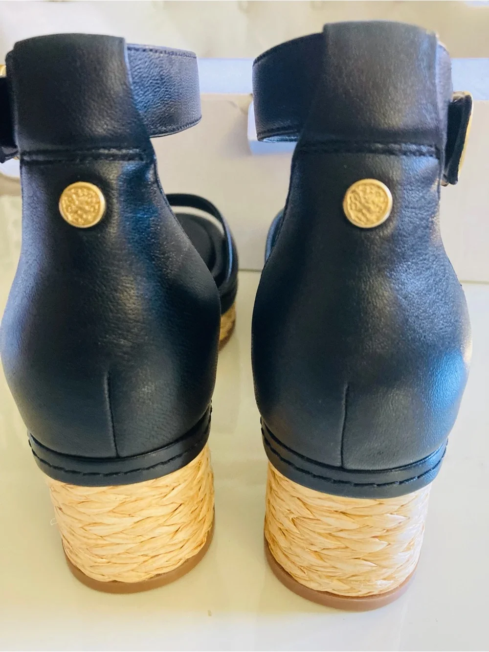 Vince Camuto Black Leather Ankle-Strap Wedge Sandals with Gold Buckles